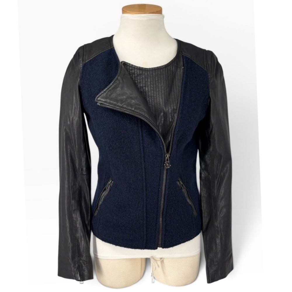 Maison Scotch Biker Moto Jacket Leather Wool Womens Small Navy Blue Black
